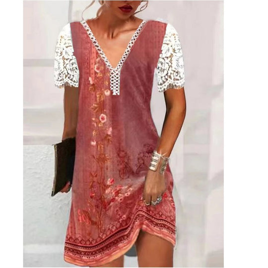Damen Leichtes Sommerkleid mit Spitzenärmeln und floralem Design EB