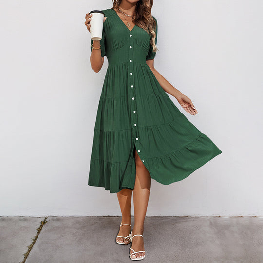 Damen Midikleid mit Knopfleiste und Rüschensaum EB