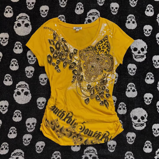Damen T-Shirt mit dekorativem Grafikdruck und Raffung EB