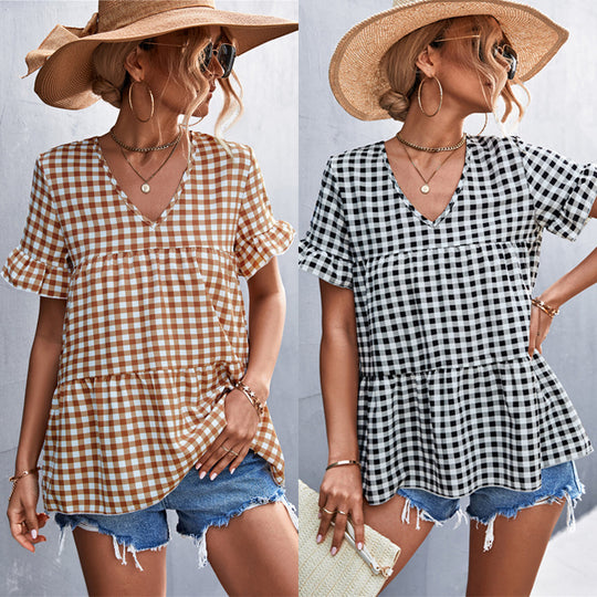 Damen Blusenshirt mit rüschenförmigem Saum und Karomuster EB