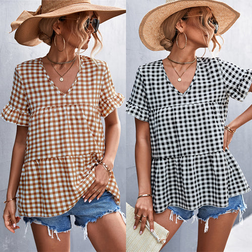Damen Blusenshirt mit rüschenförmigem Saum und Karomuster EB