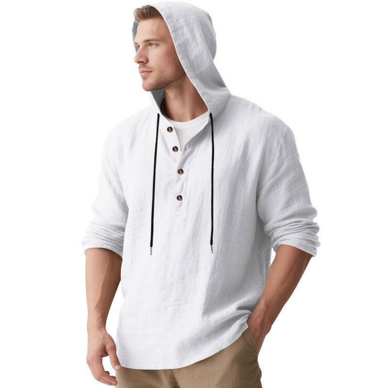 Herren nan lässiges Kapuzen-Henley Leinenmix Overshirt mit Kordelzug EB