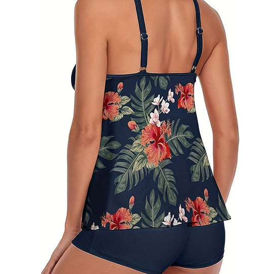 Damen Sportlicher Tankini mit floralem Design und integrierten Shorts EB