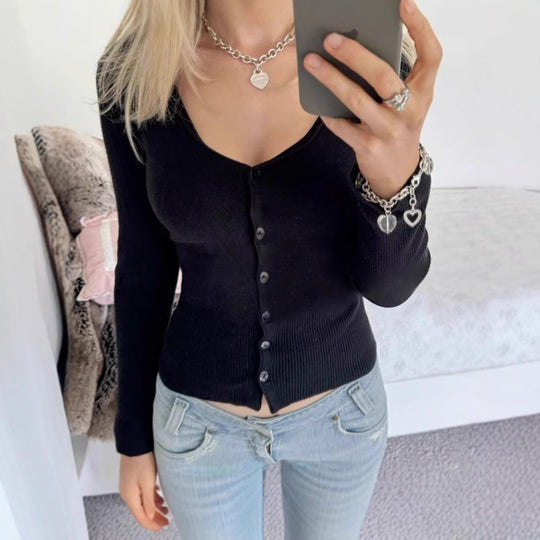 Damen Langarm Cardigan mit V-Ausschnitt und feinen Rippdetails EB