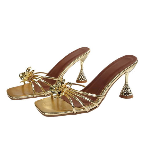 Damen elegante Slingback-Pantoletten mit floralem Design und funkelndem Absatz EB