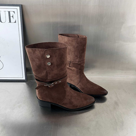 Damen Elegante Stiefel aus hochwertigem Wildleder mit modischem Schnallenverschluss EB