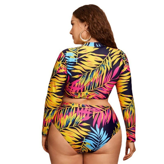 Damen Surf-Bikini-Set mit langärmligem Oberteil und buntem Palmendruck EB