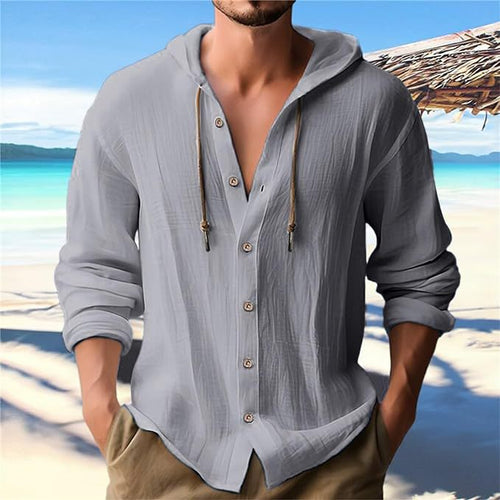 Herren nan Kapuzenhemd im Leinen-Look mit durchgehender Knopfleiste und Kordelzug EB