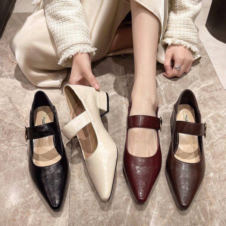 Damen elegante Mary Jane Pumps mit goldener Schnalle EB