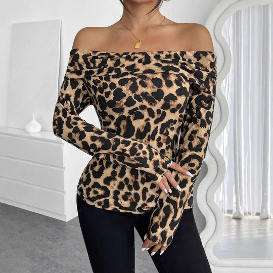 Damen Off-Shoulder Bodysuit mit modischem Leopardenprint und langen Ärmeln EB