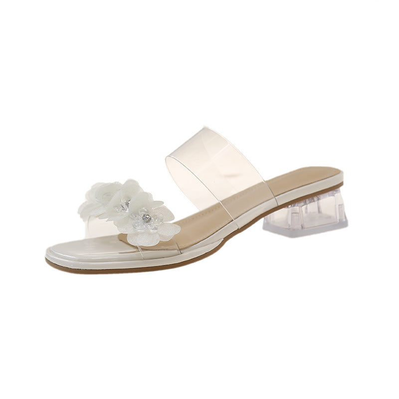 Damen Offene Mules mit floralen Applikationen und transparentem Absatz EB