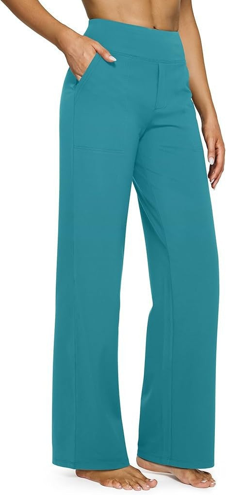 Damen nan fließende High-Waist-Hose mit extra weitem Bein, elastischem Komfortbund und Eingrifftaschen EB