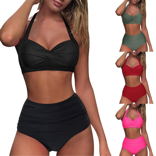 Damen Hochtaillierter Karobikini mit gerafftem Oberteil EB