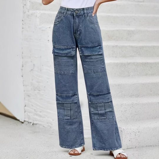Damen nan High‑Waist Utility-Denimhose mit aufgesetzten Knie-Patches, Cargo‑Taschen und weitem Schlag EB