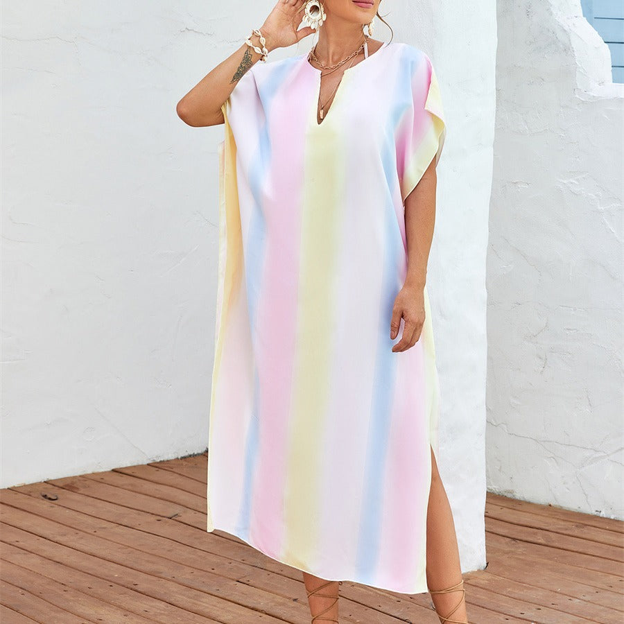 Damen lässiges Strandkleid mit V-Ausschnitt und luftigen Ärmeln EB