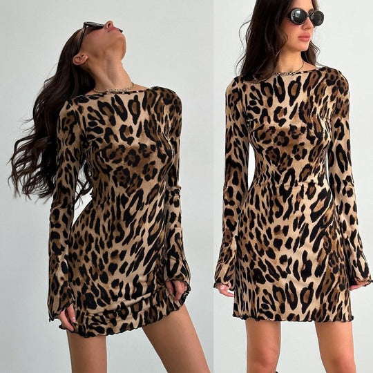 Damen Kleid mit offenem Rücken und attraktivem Leopardenmuster EB