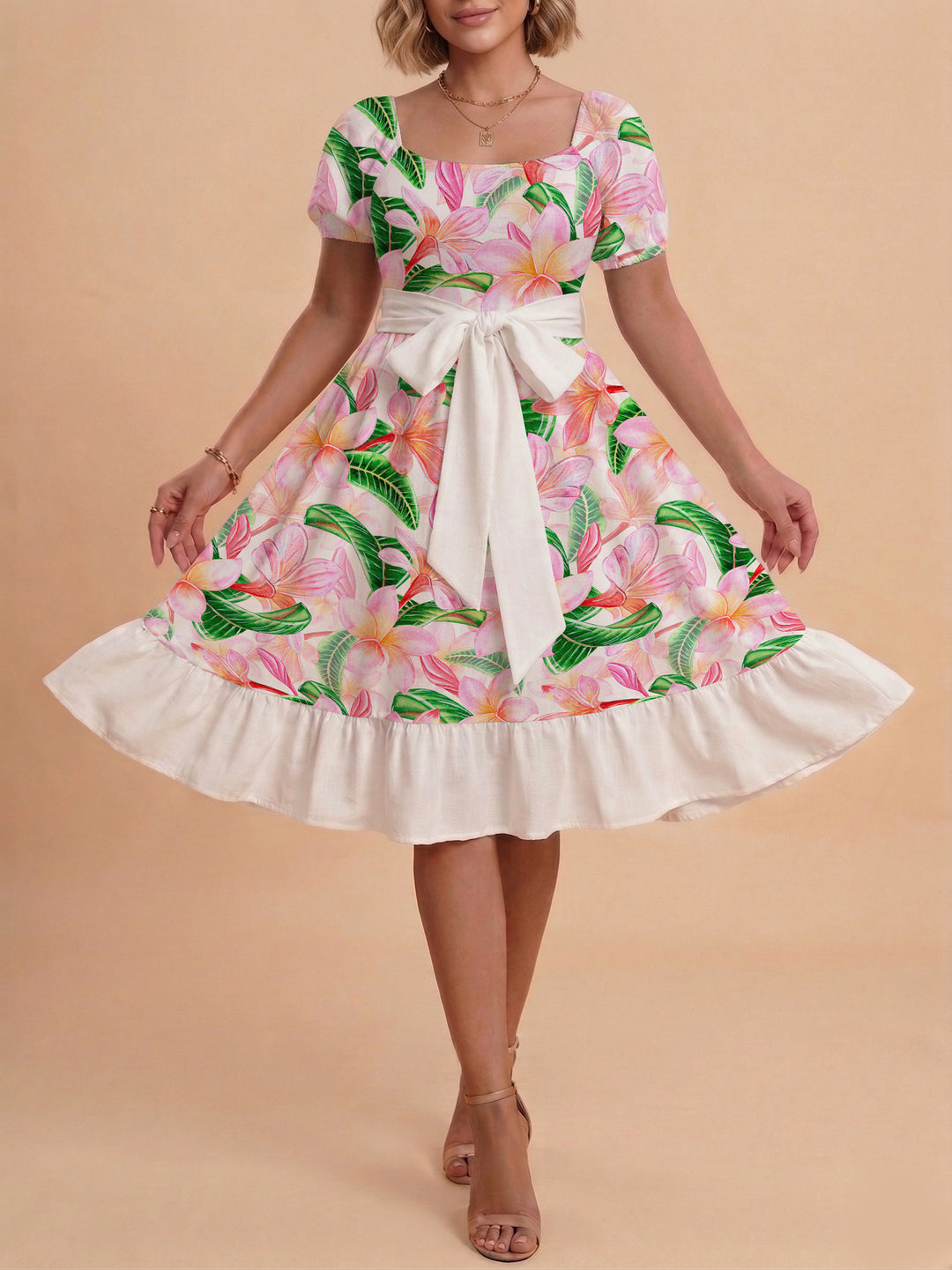 Damen Sommerkleid mit floralem Puffärmel und taillierbarem Gürtel EB