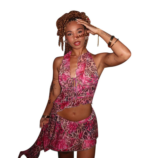 Damen asymmetrisches Wickelkleid mit Rüschendetails und femininem Leopardenmuster EB