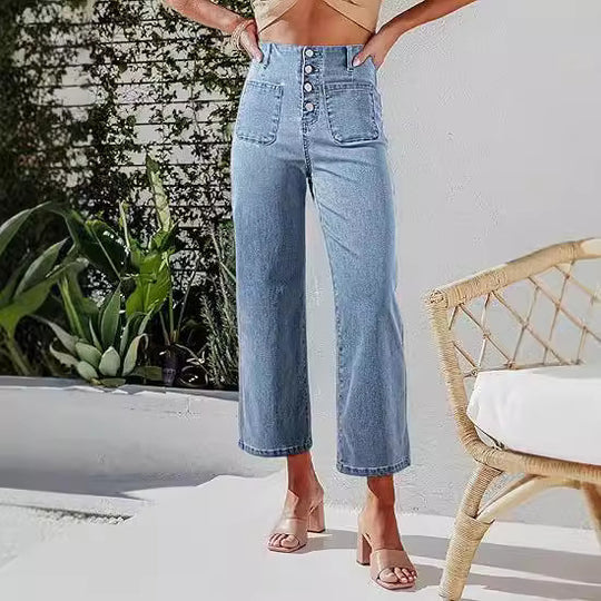 Damen High-Waist Jeans mit Knopfdetail und weitem Bein EB