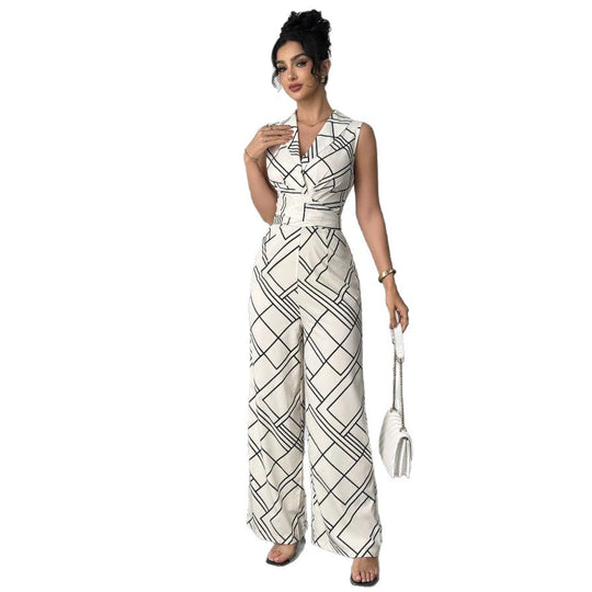 Damen Eleganter Jumpsuit mit geometrischem Muster und taillierter Passform EB
