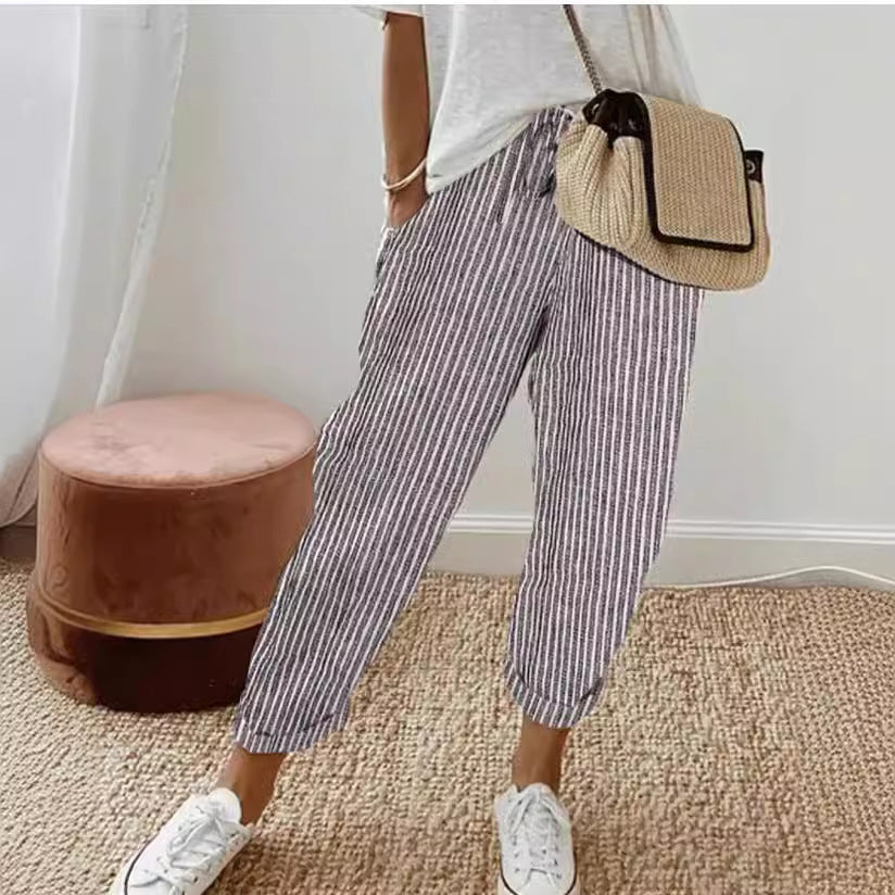 Damen lässige Streifenhose mit elastischem Bund und praktischen Eingrifftaschen EB