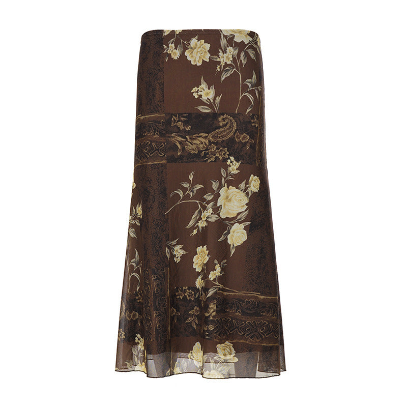 Damen Maxi-Rock mit floralem Design und transparenter Chiffon-Überlage EB