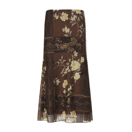 Damen Maxi-Rock mit floralem Design und transparenter Chiffon-Überlage EB