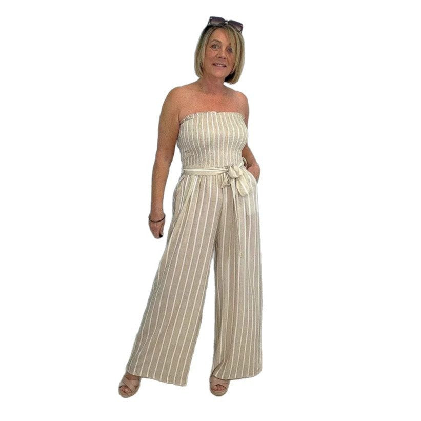 Damen Bandeau Jumpsuit mit weitem Bein und Bindegürtel EB