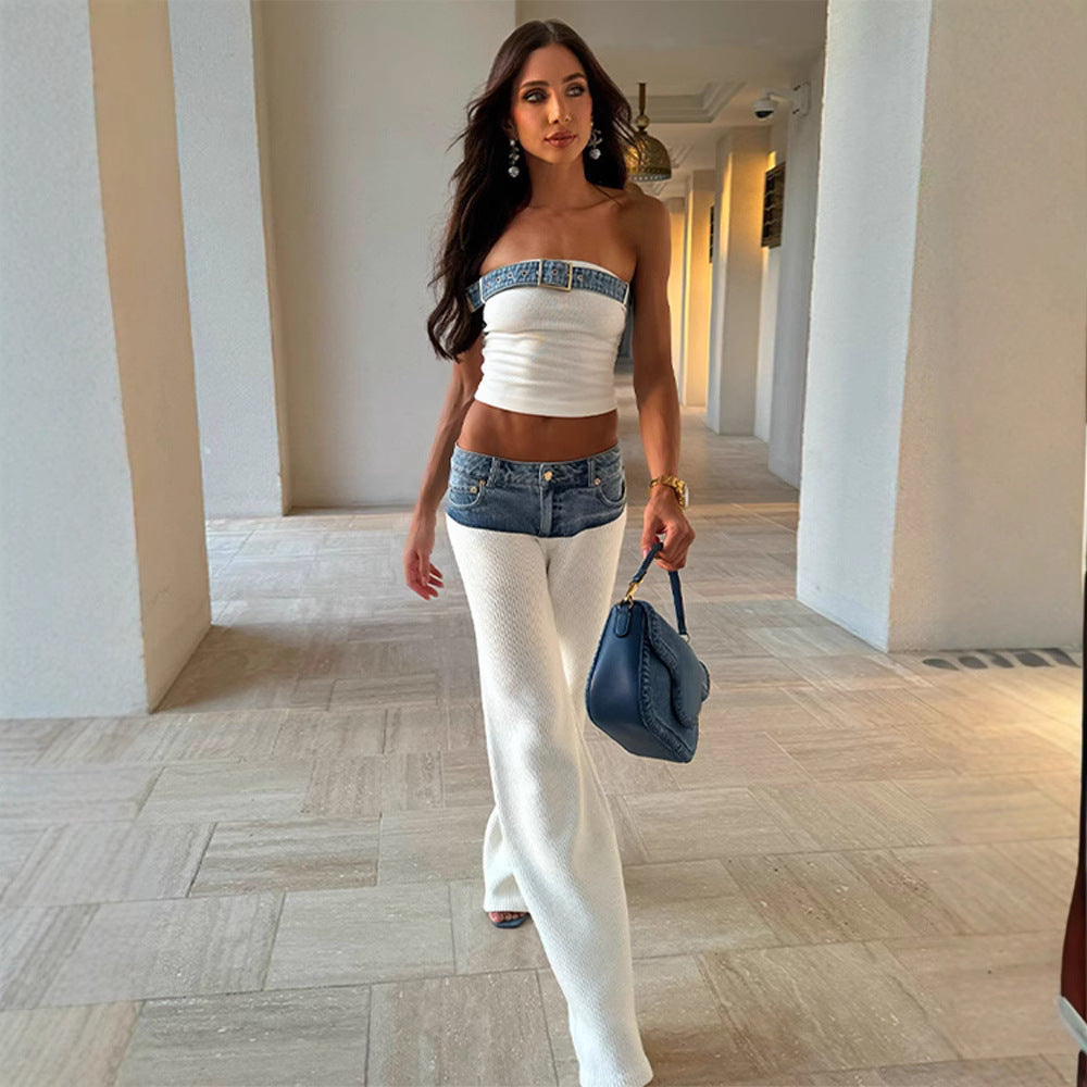 Damen Stylishe Strickhose mit Denim-Einsätzen EB