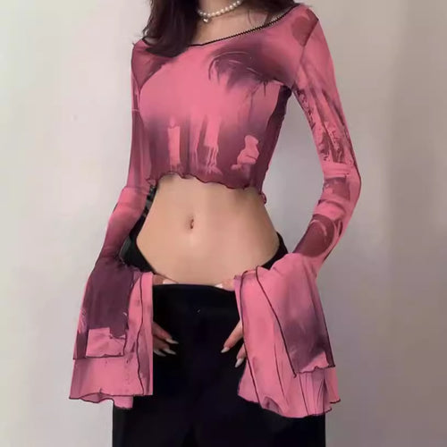 Damen Crop-Top mit transparenten Ärmeln und kunstvollem Druck EB
