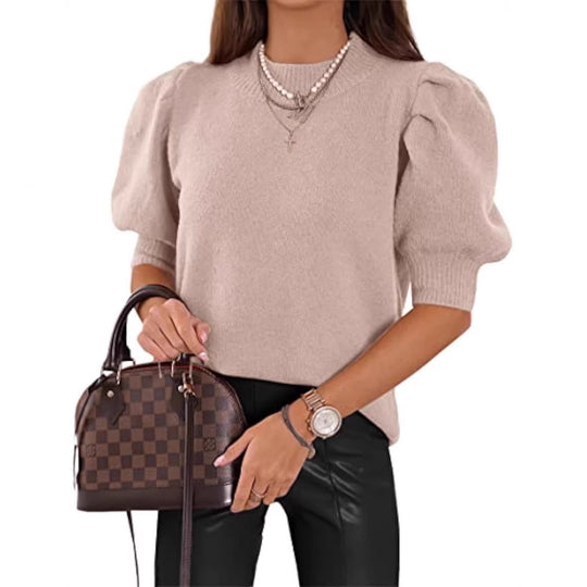 Damen Kurzgeschnitteter Feinstrickpullover mit Puffärmeln und Rippbündchen EB