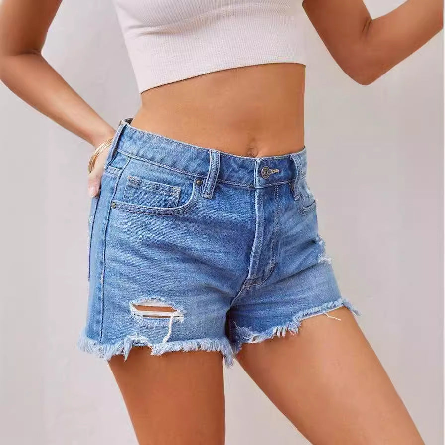 Damen Jeansshorts im distressed Look mit fransigem Saum und hohem Bund EB