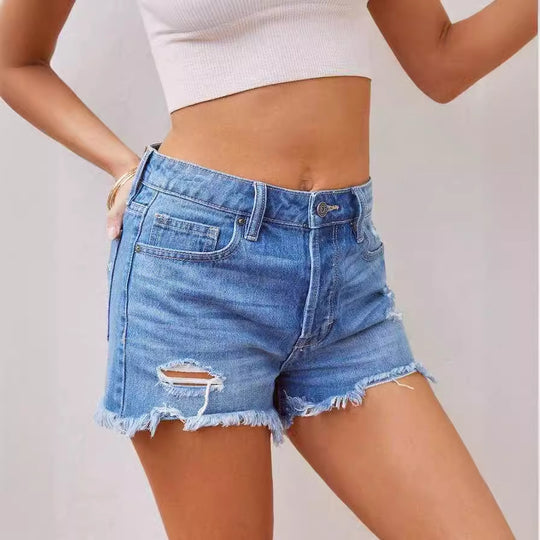 Damen Jeansshorts im distressed Look mit fransigem Saum und hohem Bund EB
