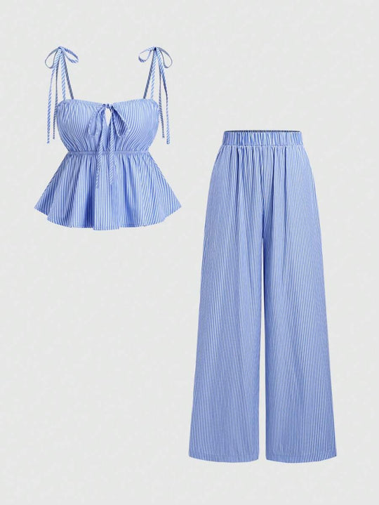 Damen Top und weite Hose Set mit raffinierten Bindebändern EB
