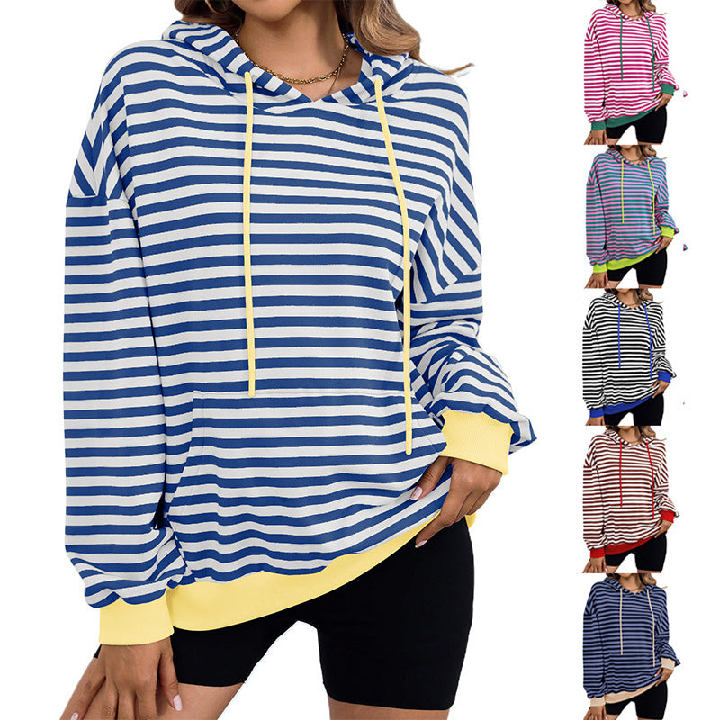Damen gestreifter Kapuzenpullover mit stylischer Kängurutasche EB