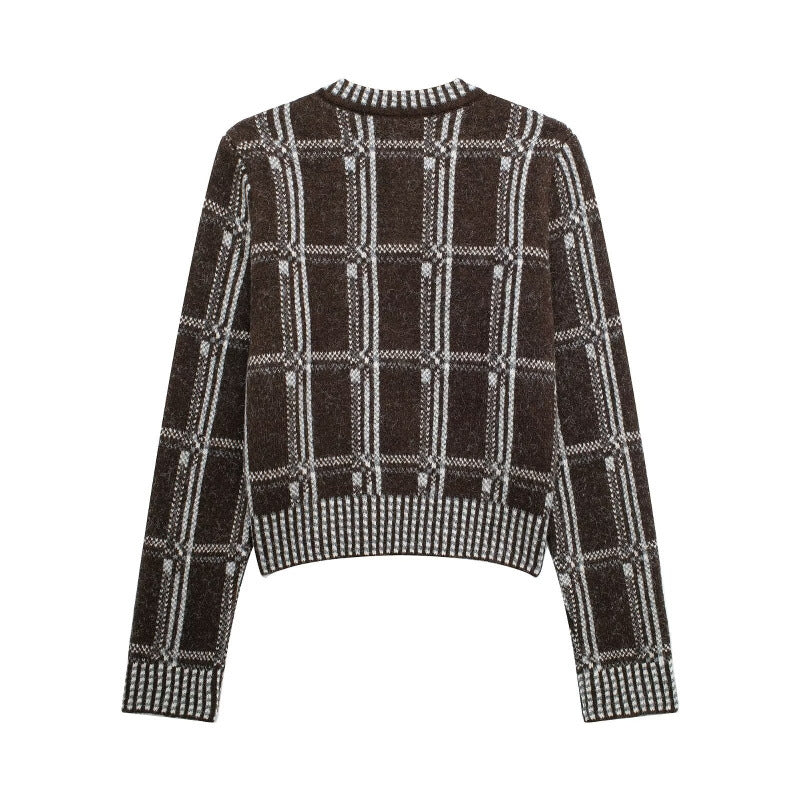 Damen Strickjacke mit modernem Karomuster und Knopfverschluss EB