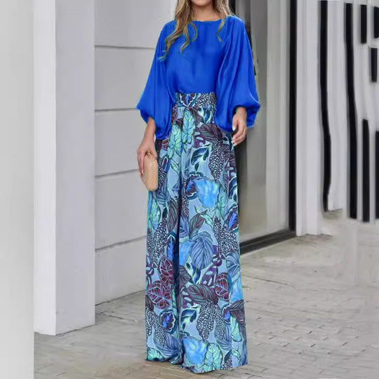 Damen Elegantes Oberteil mit weitem, blumenmusterdefiniertem Hosenensemble EB