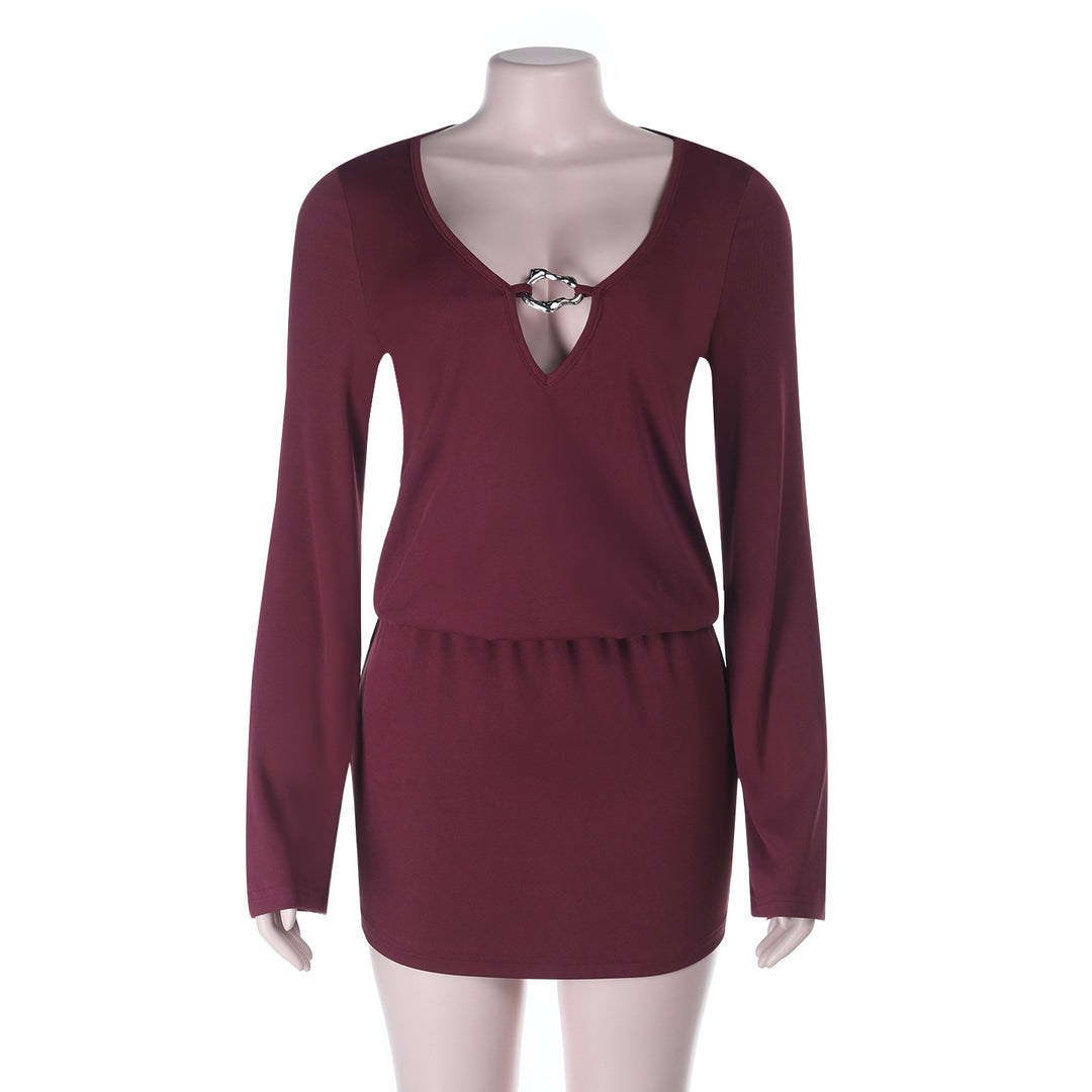 Damen Figurbetonte Longsleeve-Tunika mit tiefem V‑Ausschnitt und Zierring EB