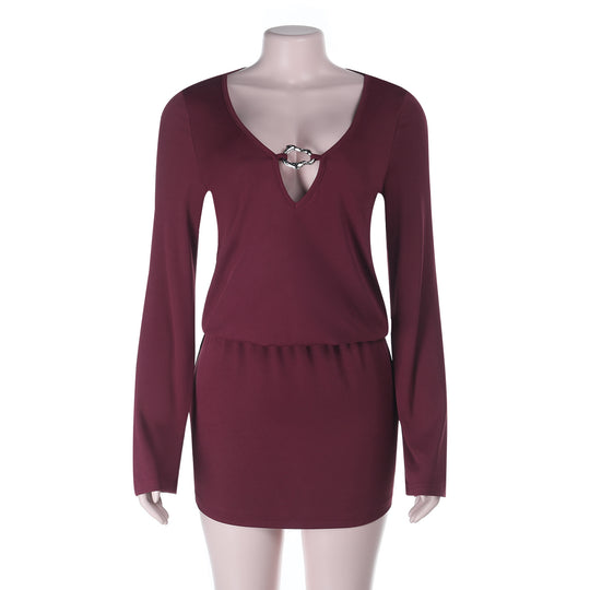 Damen Figurbetonte Longsleeve-Tunika mit tiefem V‑Ausschnitt und Zierring EB