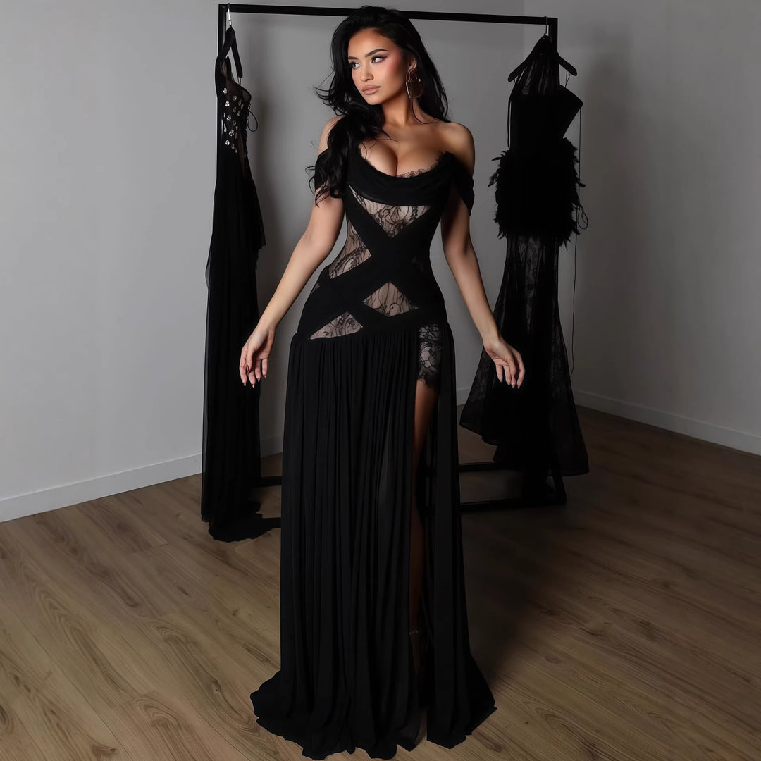 Damen Elegantes Spitzenkleid mit tiefem Schlitz und trägerlosem Schnitt EB