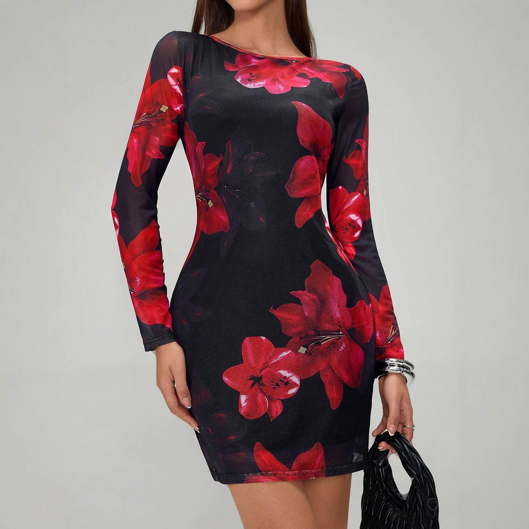 Damen Kleid mit langem Arm und floralem Design EB