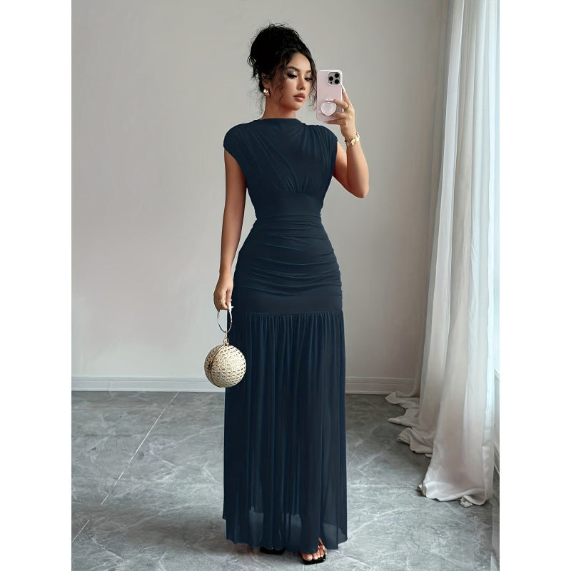 Damen Elegantes Maxikleid mit raffiniertem Drapée und transparentem Rock EB