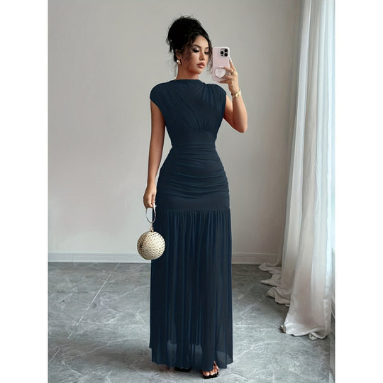 Damen Elegantes Maxikleid mit raffiniertem Drapée und transparentem Rock EB