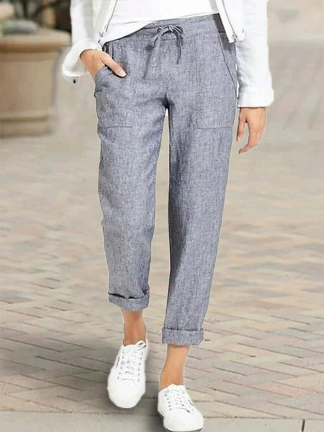 Damen entspannte Leinenhose mit elastischem Bund und praktischen Taschen EB