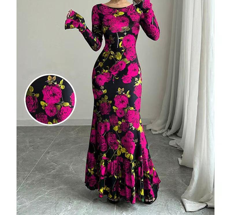 Damen nan eng anliegendes Maxikleid mit Meerjungfrauen-Schnitt, langen Glockenärmeln und Rüschensaum EB