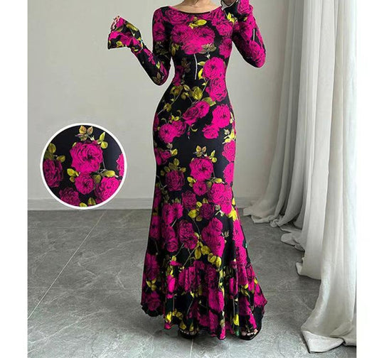 Damen nan eng anliegendes Maxikleid mit Meerjungfrauen-Schnitt, langen Glockenärmeln und Rüschensaum EB