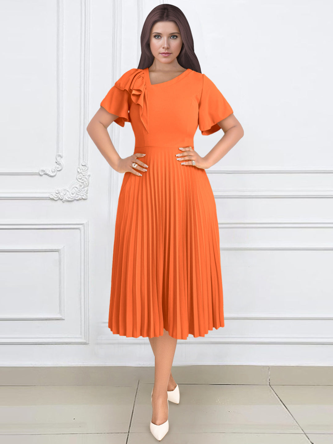 Damen elegantes Plisseekleid mit asymmetrischem Rüschen-Detail EB