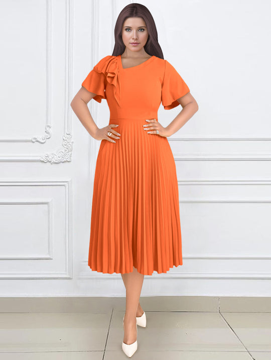 Damen elegantes Plisseekleid mit asymmetrischem Rüschen-Detail EB
