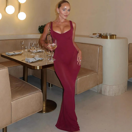 Damen Elegantes figurbetontes Maxikleid mit schickem Rückenschnitt EB