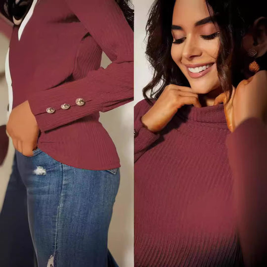 Damen Moderner Rollkragenpullover mit Knopfdetails EB